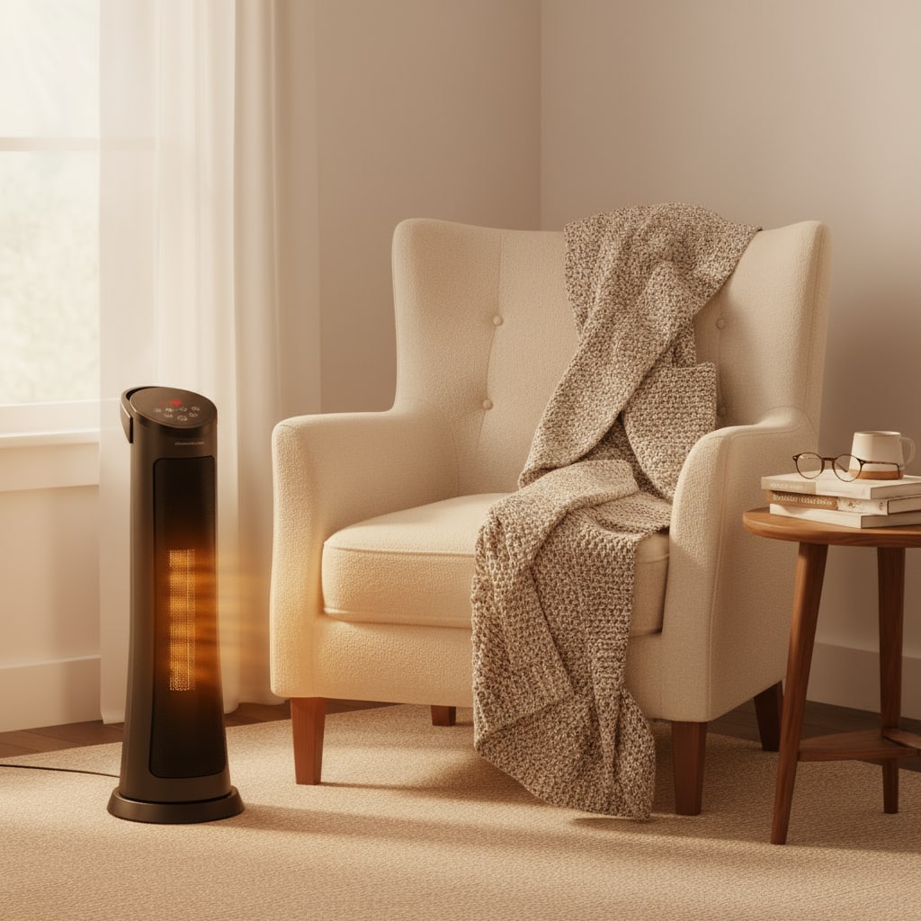 Heater next to a cozy armchair with a blanket in a warm-toned room.