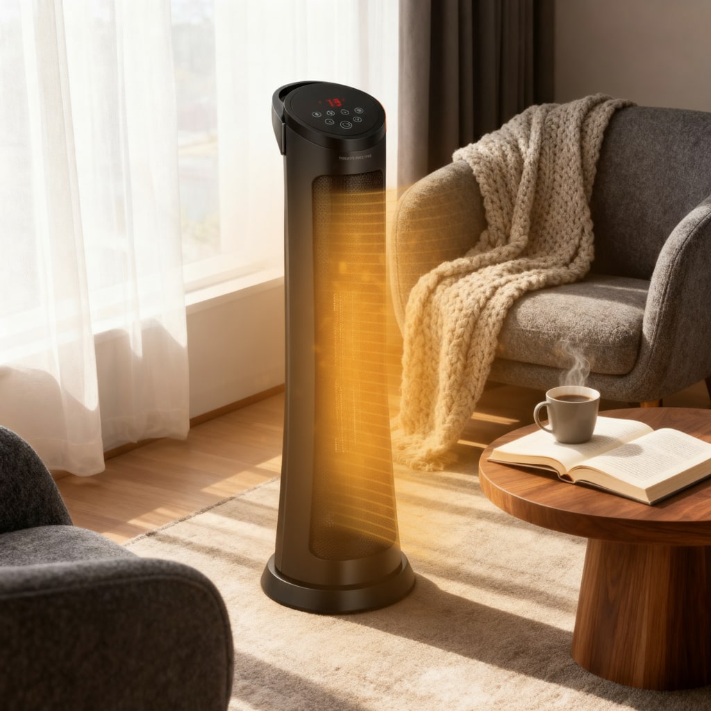 Tall cylindrical heater in a cozy living room with a book and mug on a table.