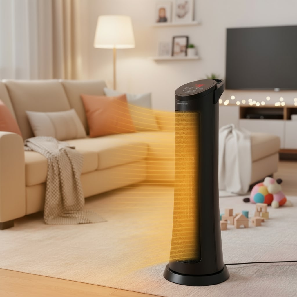 Black tower heater in a living room with a beige sofa and TV in the background