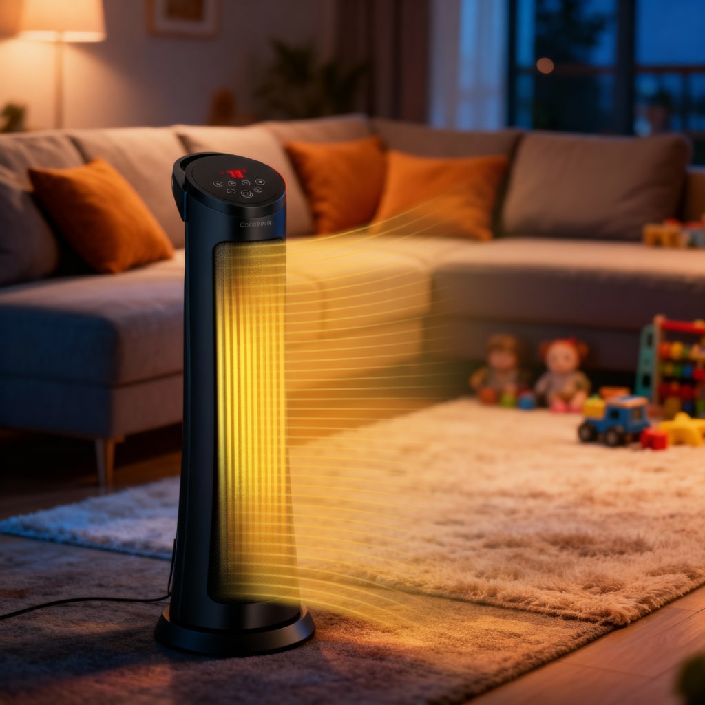 Black tower heater emitting yellow light in a living room with toys on the floor.