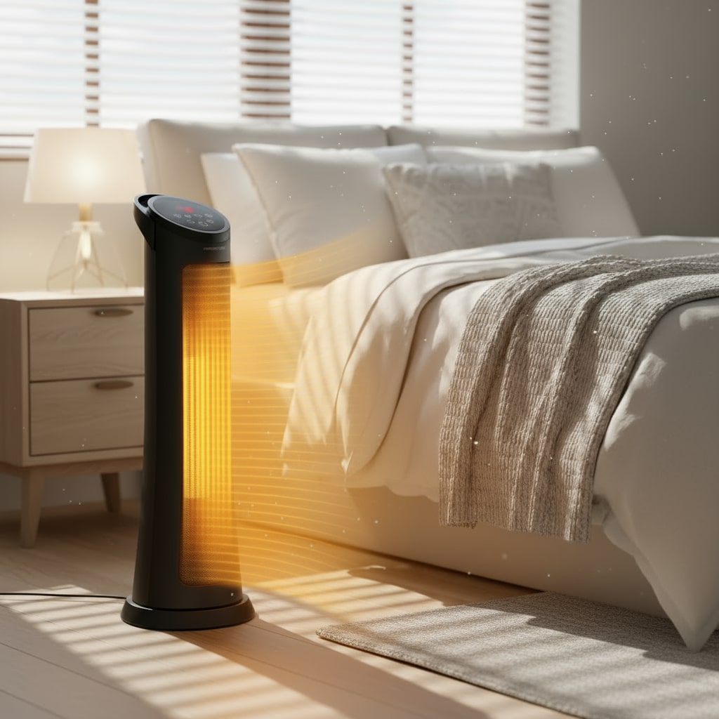 Portable heater emitting heat in a bedroom setting