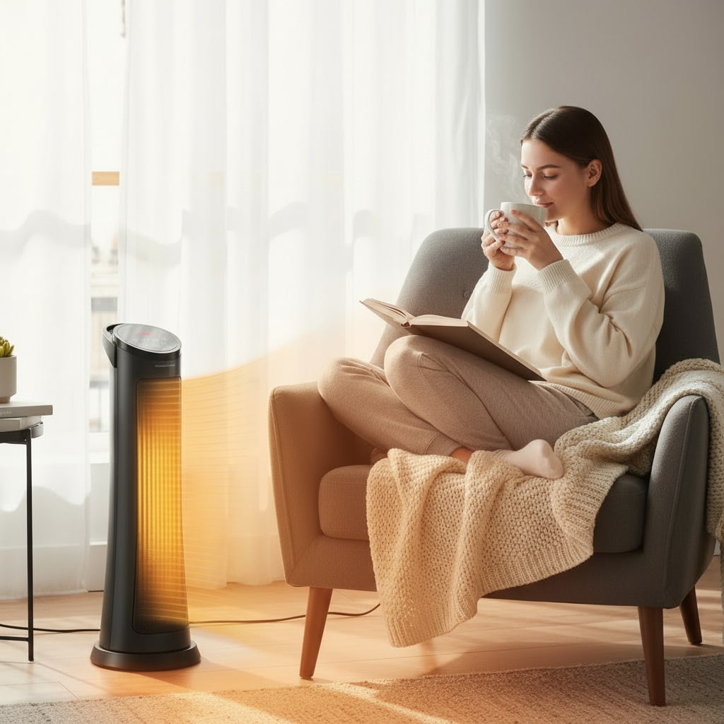 Woman reading in a chair while a slim ceramic tower heater warms the room.