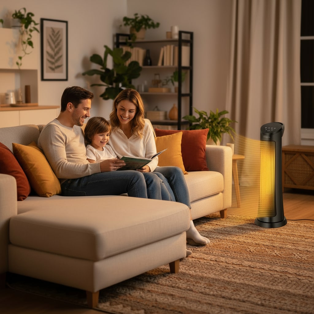 Family reading together in a cozy living room with a glowing lamp.