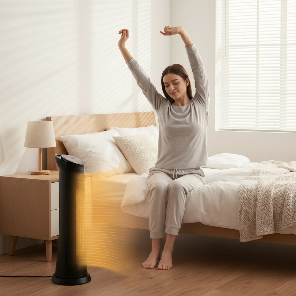 Woman in pajamas stretching in a bedroom with a diffuser emitting mist.