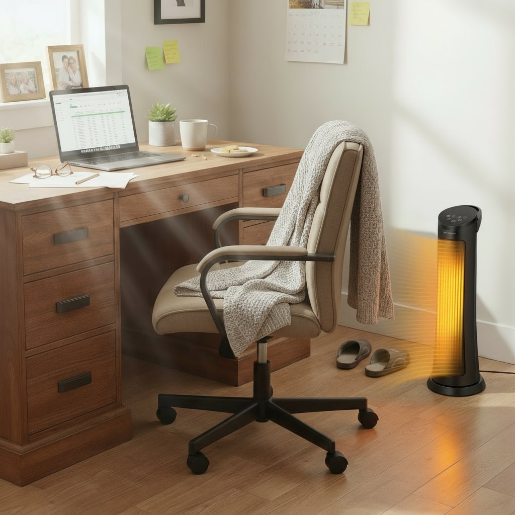 Home office with wooden desk, chair, and space heater emitting heat.