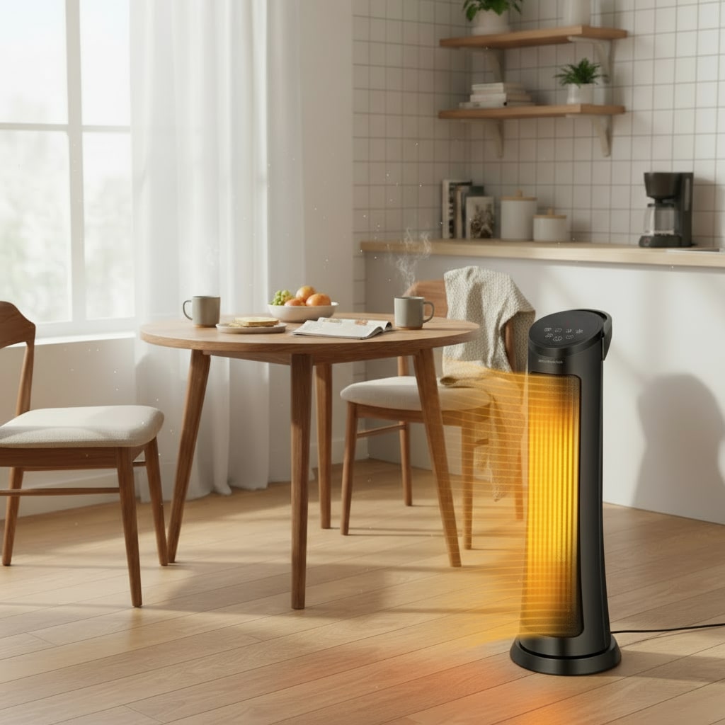 Oven-style space heater on a wooden floor with a dining table and chairs in the background