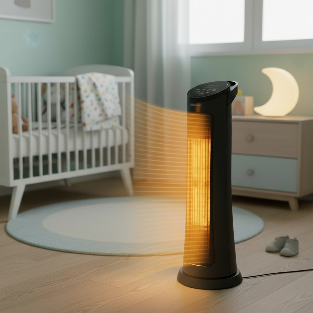 Portable heater emitting warm light in a room with a crib and nightlight.