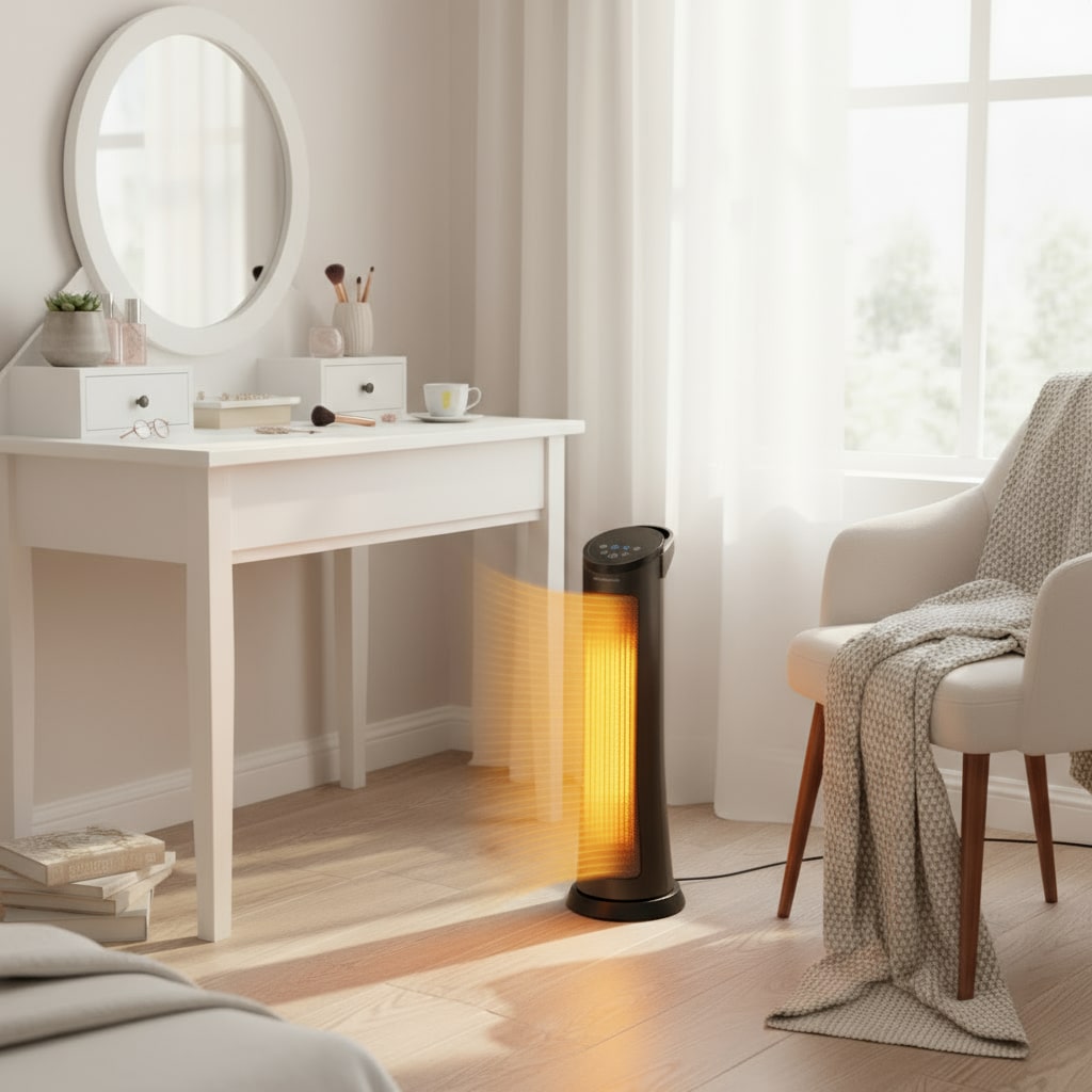 Black floor lamp emitting warm light in a room with a desk and chair.