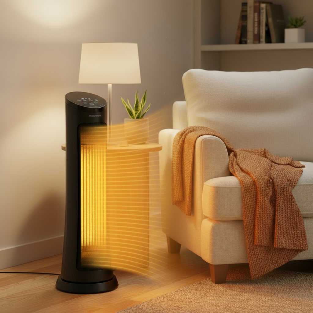 Tall black heater emitting heat in a cozy living room with a beige sofa and lamp.