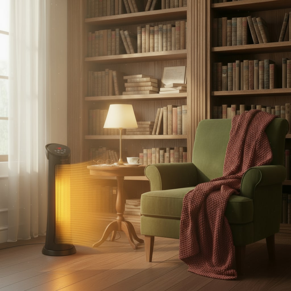 Room with bookshelves, green armchair, and floor lamp, featuring a standing heater.