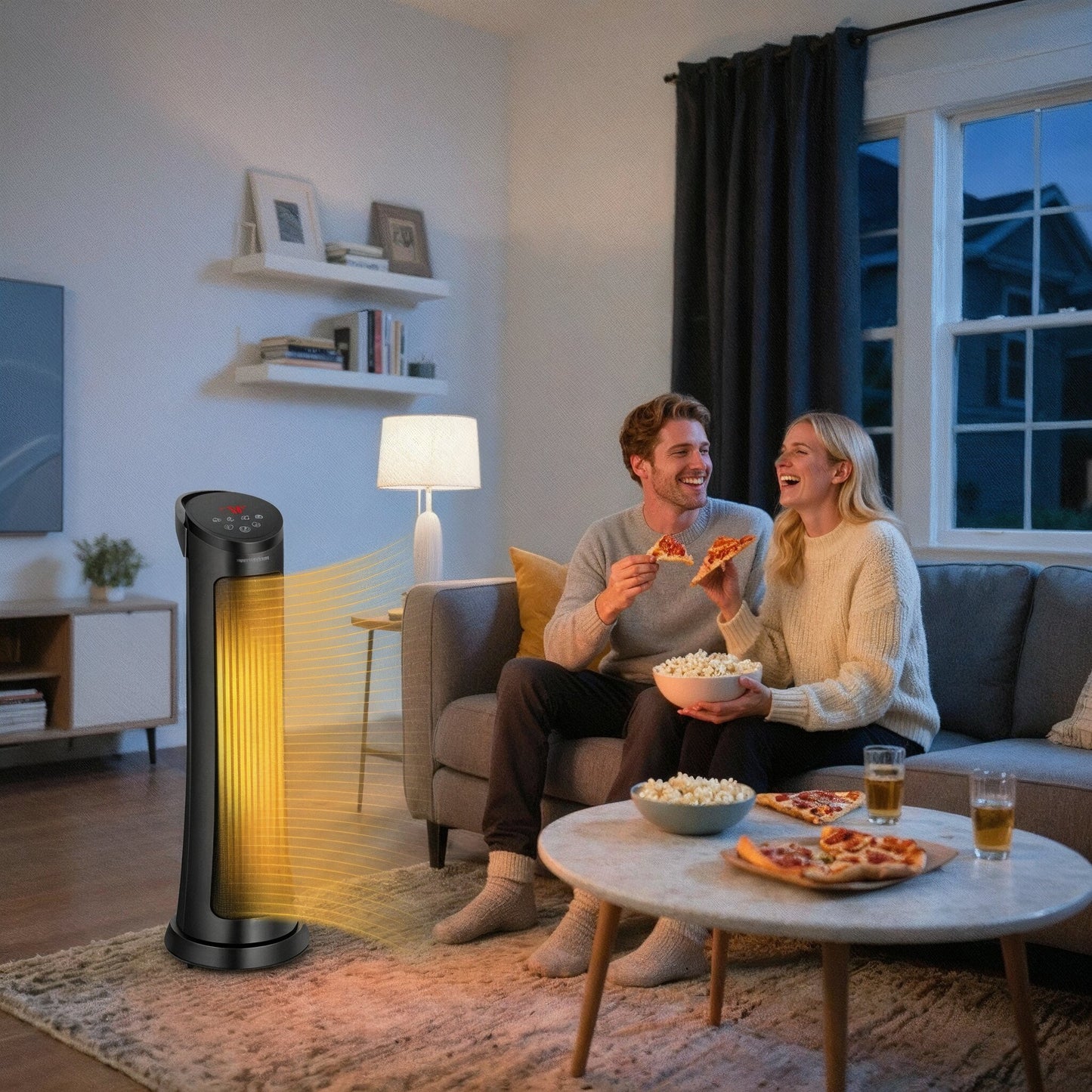 Two people enjoying pizza in a living room with a heater on.
