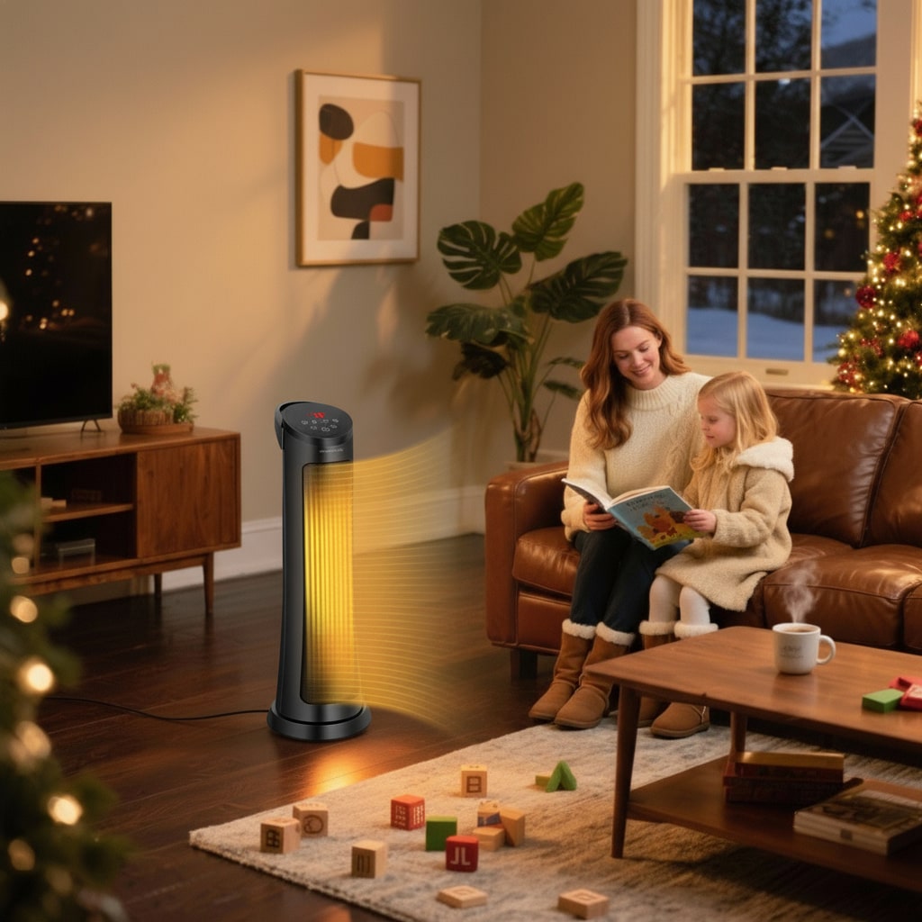 Woman and child in a living room with a heater emitting heat, Christmas tree and TV in the background.