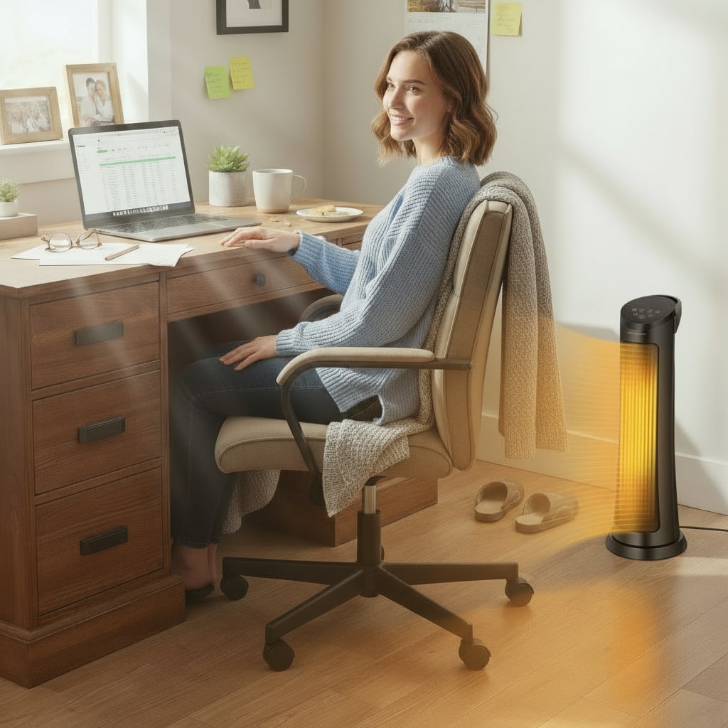 Woman sitting at a desk with a laptop, wearing a sweater, next to a floor heater.