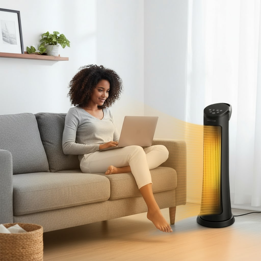 Woman using a laptop on a couch with a tower fan in the foreground