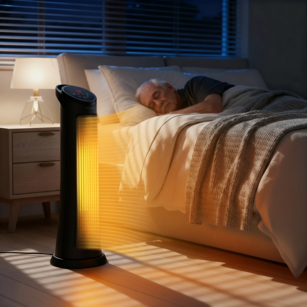 Person sleeping in bed with a glowing heater in the foreground