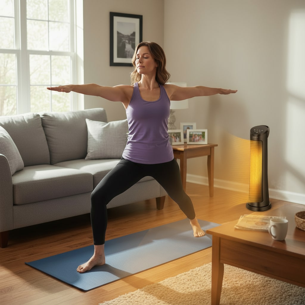 Woman practicing yoga in a living room with a heater on a table.