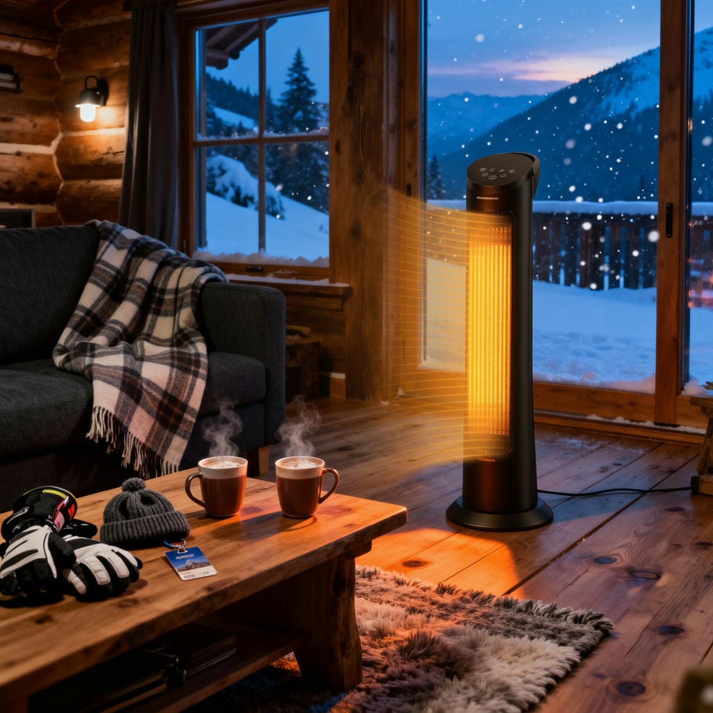 Cozy living room with a heater, cups, and winter decor in front of a snowy mountain view.