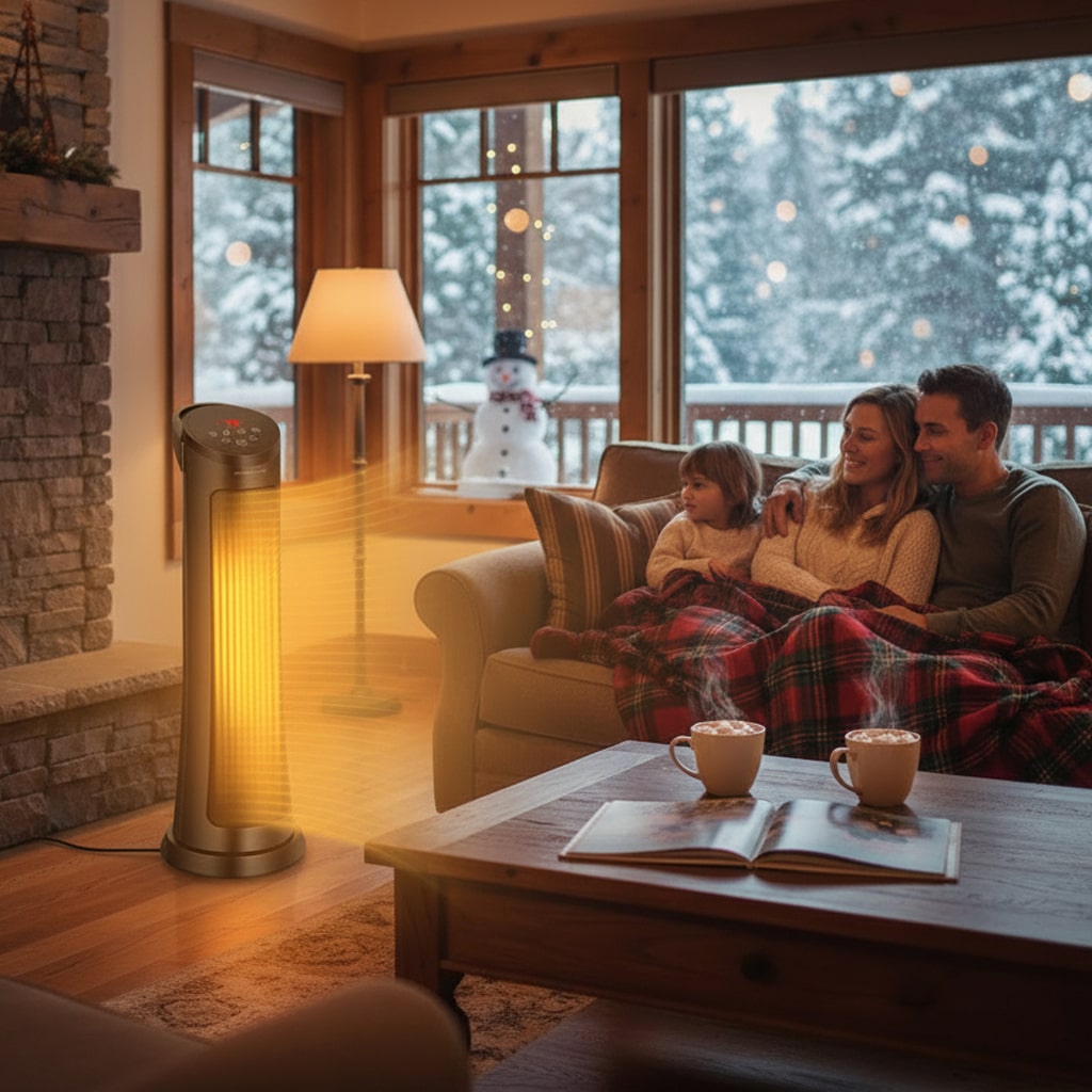 family relaxing in a living room while a slim ceramic tower heater warms the space during winter