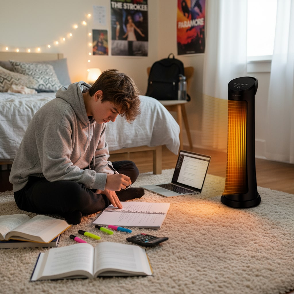 Person studying in a bedroom with a laptop and books, illuminated by a tower lamp.