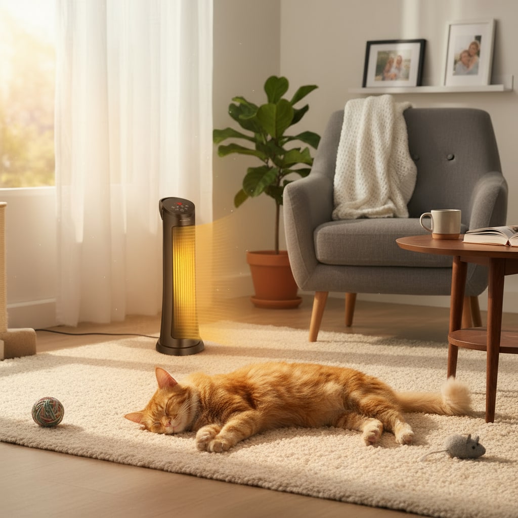 Cat lying on a rug in a cozy living room with a heater and a plant.