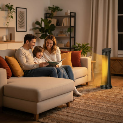 Family reading together in a cozy living room with a glowing lamp.