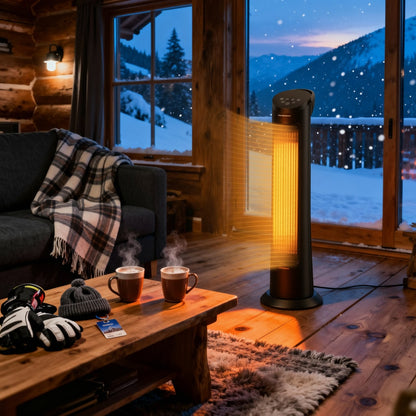 Cozy living room with a heater, cups, and winter decor in front of a snowy mountain view.